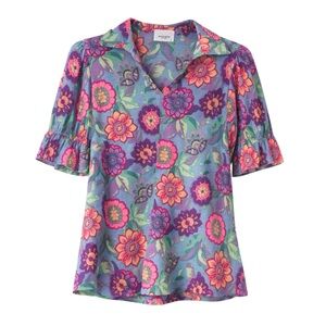 ANDRÉE by Unit Blue Pink Floral Boho Blouse Ruffle Sleeve V-Neck Lightweight